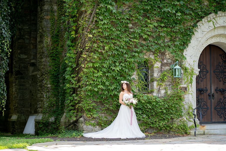 person, woman, wall, architecture, beautiful, bouquet, bride HD wallpaper