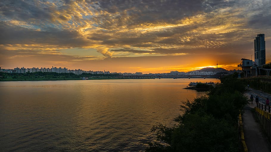 nature, outdoors, water, person, human, sunset, namsan tower from ttukseom, HD wallpaper