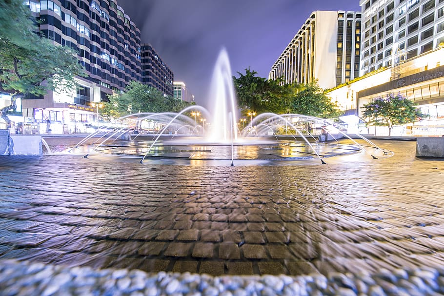 Fountain Surrounded by Trees and Buildings, architect, architectural design HD wallpaper