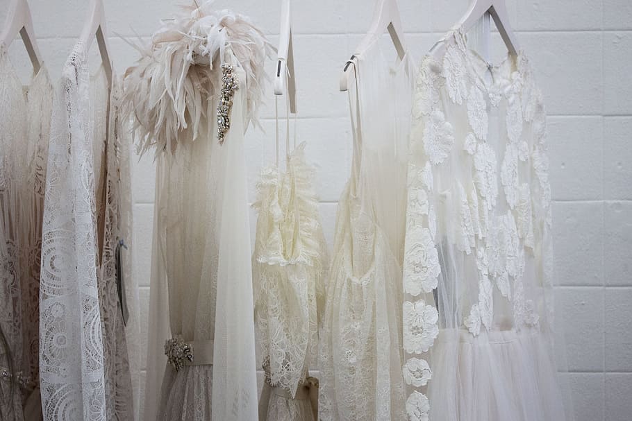 six women's white dresses hanging on hangers, wedding dress, bridal