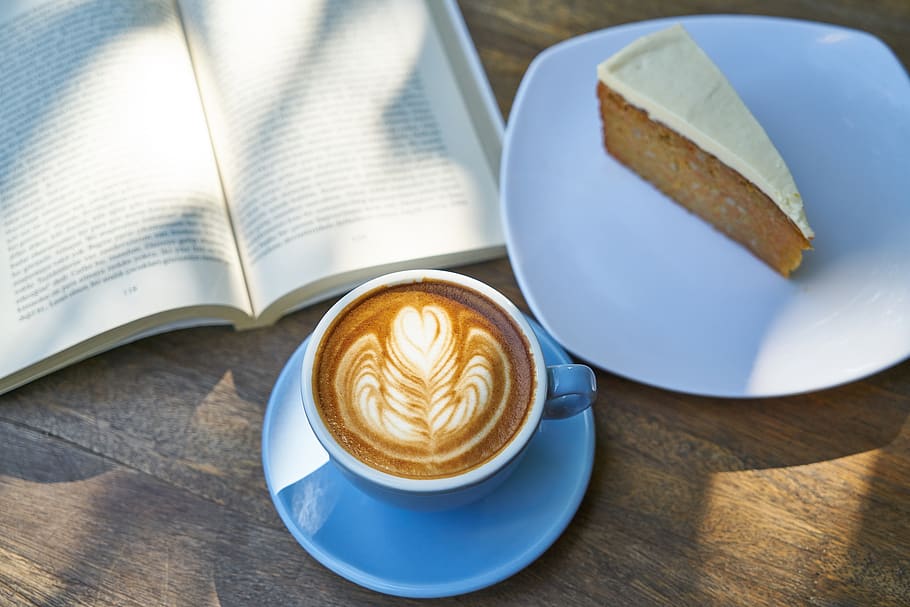 Coffee Latte Beside Book and Cake, aroma, brown, caffeine, close-up HD wallpaper
