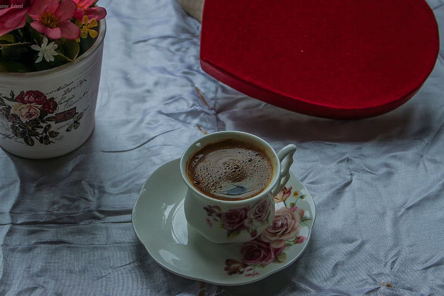 White and Pink Ceramic Teacup Filled With Coffee on White Ceramic Saucer HD wallpaper