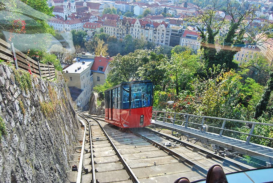Aerial Photography of Red and Black Train With Village View, buildings HD wallpaper