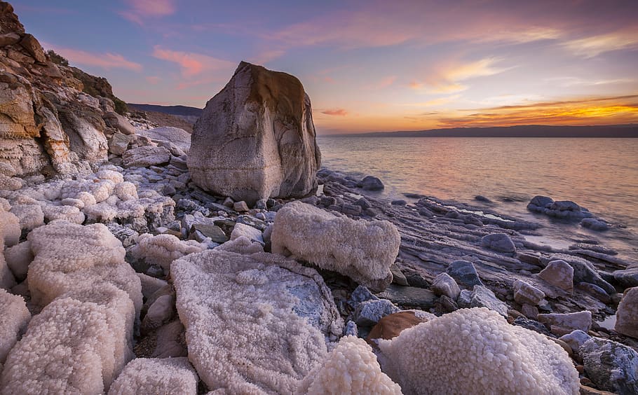Gray Rock Formation on Seaside at Golden Hour, beach, boulders HD wallpaper