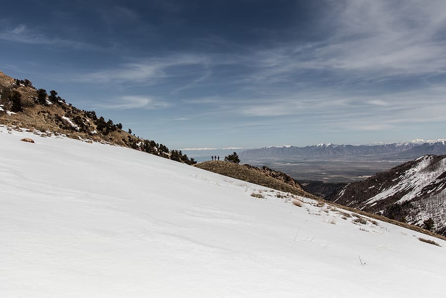 forest, hiking, backpacking, mountain range, mountains, snow HD wallpaper