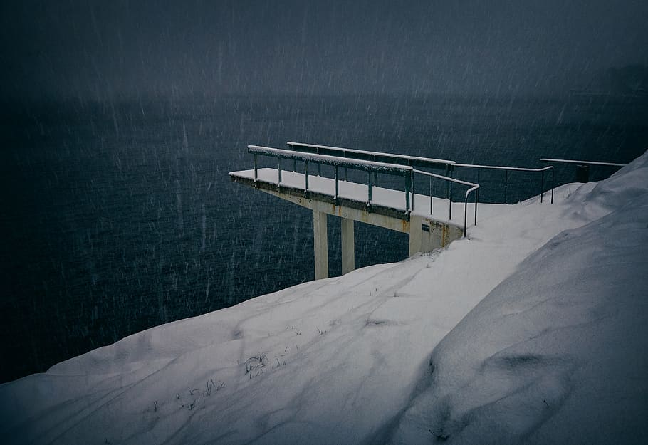 concrete dock covered in snow, banister, handrail, nature, outdoors HD wallpaper