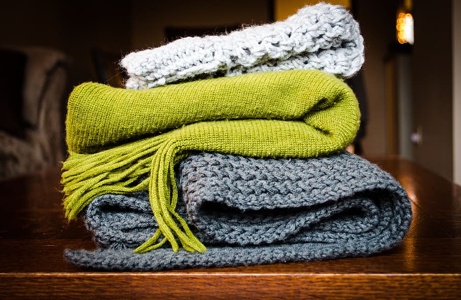 blanket, scarf, cold, cloth, table, green, grey, wool, indoors HD wallpaper