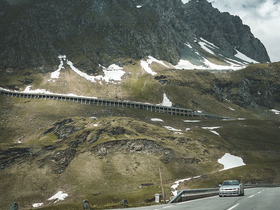 Silver Car on Road Near Mountain at Daytime, adventure, alpine HD wallpaper