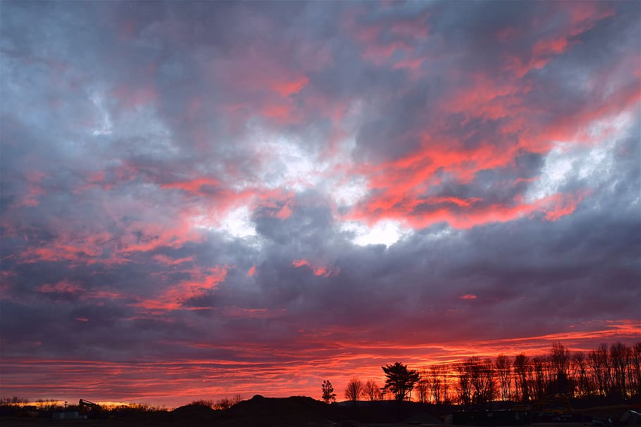 sunset, landscape, winter, trees, clouds, sky, colorful, red HD wallpaper