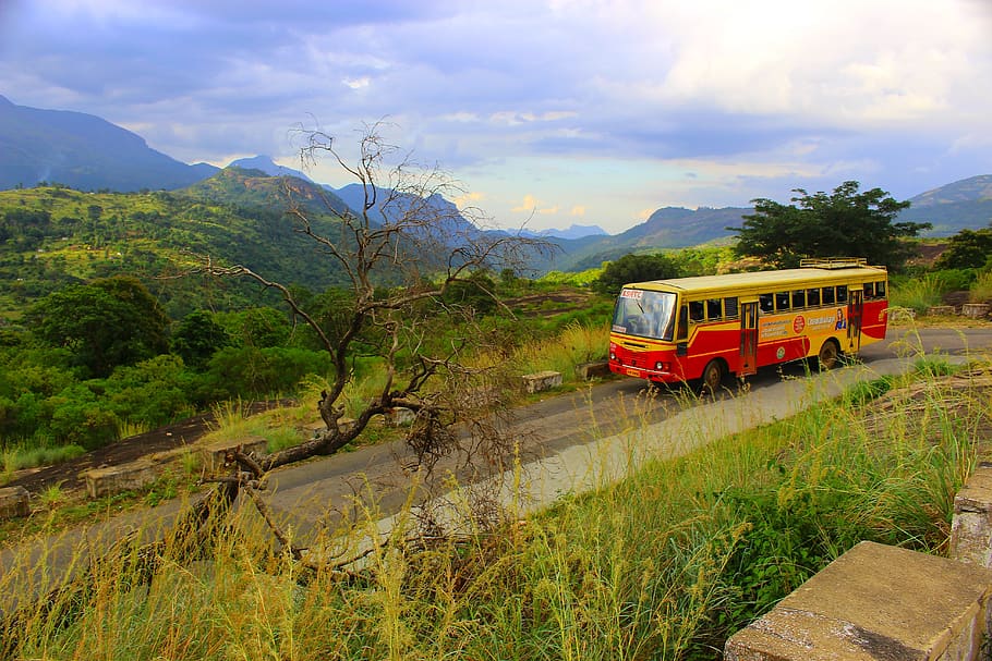 hill station, bus, high, landscape, mountain, travel, scenery, HD wallpaper