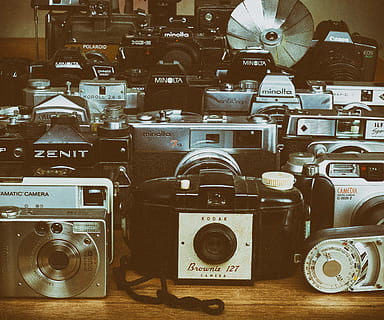 assorted vintage cameras on table, electronics, digital camera HD wallpaper