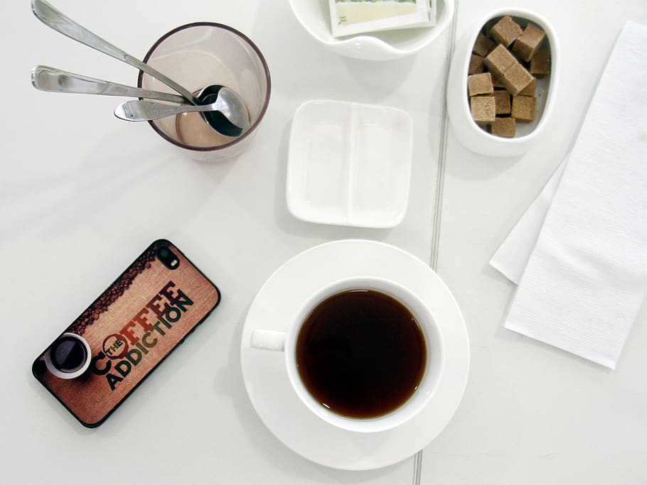 coffee, addiction, cup, spoon, white, desk, food and drink HD wallpaper