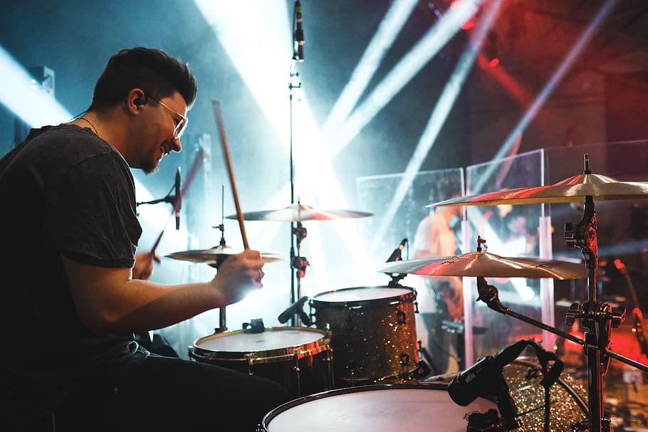 man playing drums on stage, music, men, occupation, indoors, arts culture and entertainment HD wallpaper