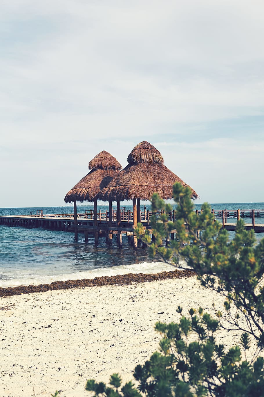 brown wooden dock under cloudy sky, beach, shore, coast, hut HD wallpaper