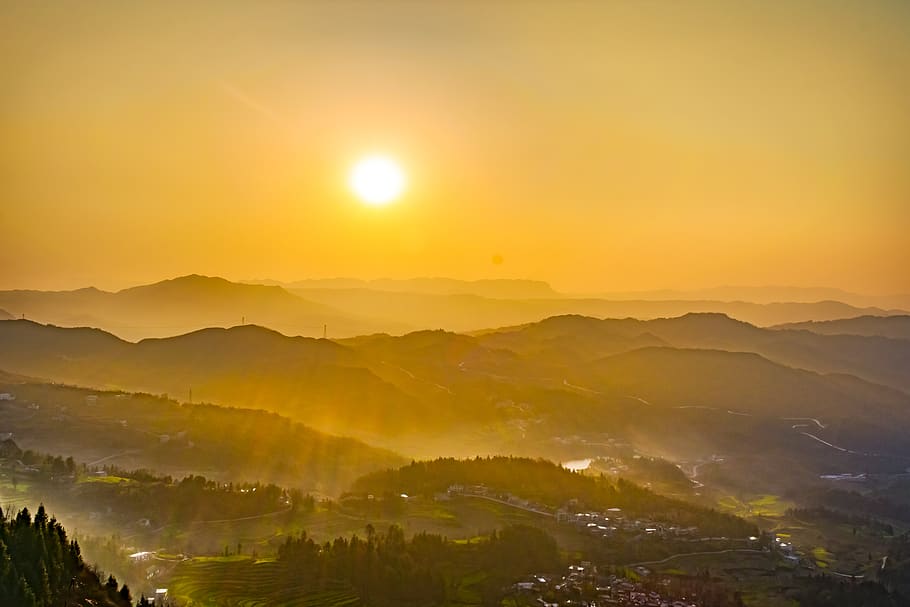 sunset, mountain, fog, country, guizhou, 晴隆县, purple horse township