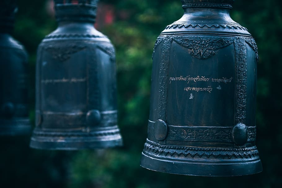 bells, row, shrine, temple, asian, monastery, religion, text, HD wallpaper