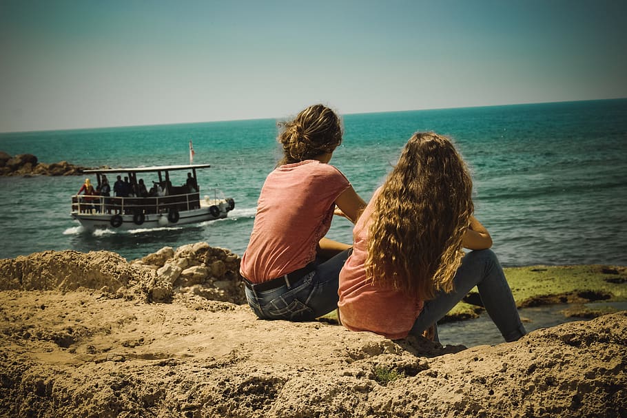 lebanon, byblos, see, boat, friends, sister, water, sea, rear view, HD wallpaper