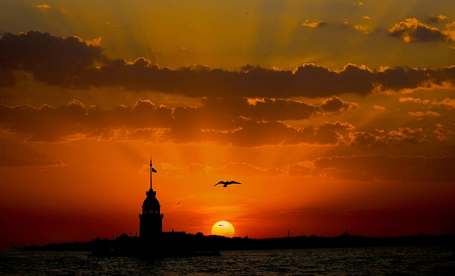 maiden's tower kiz kulesi, üsküdar, istanbul, sunset, turkey, HD wallpaper