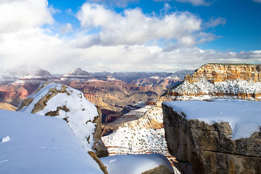 Top View of Canyon Covered With Snow, city, cliffs, clouds, cold HD wallpaper