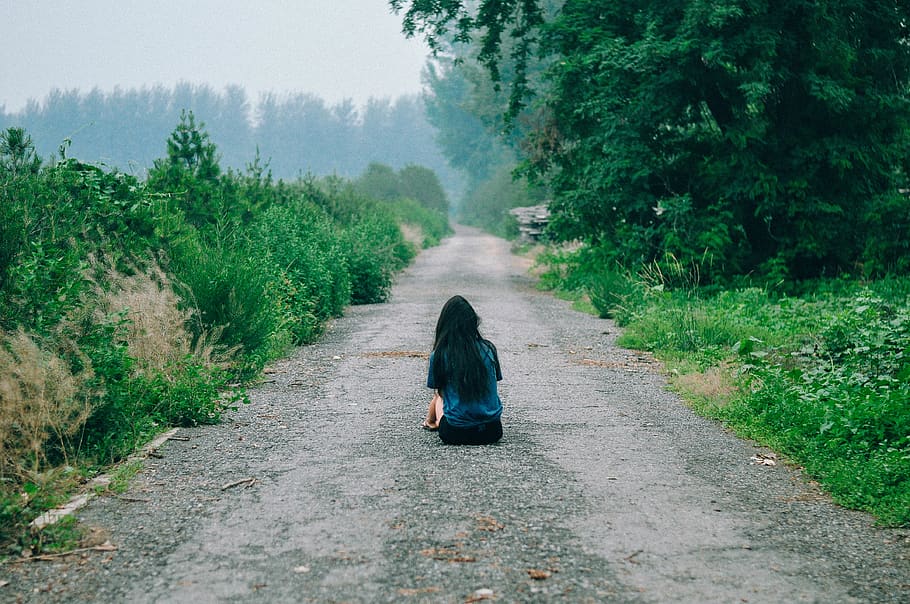 girl, path, sitting, road, portrait, forest, rural, concrete road HD wallpaper