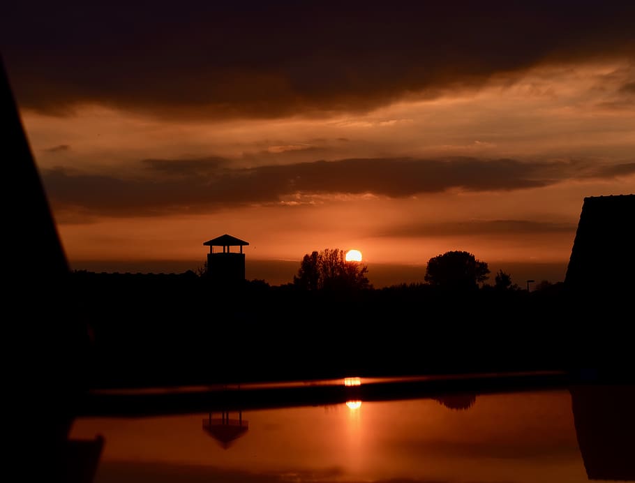 sunset, sky, cloud - sky, silhouette, architecture, water, orange color HD wallpaper