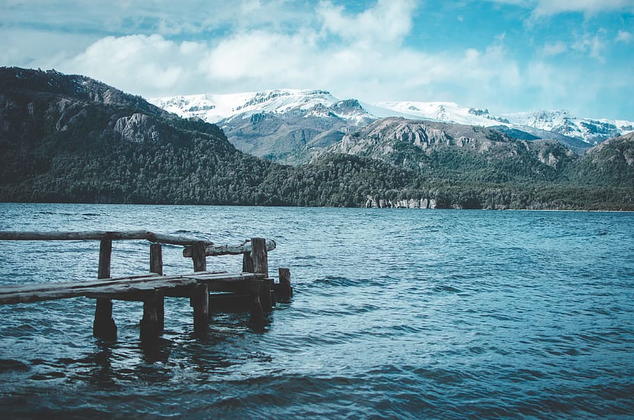 Brown Wooden Dock on Body of Water, bay, clouds, daylight, landscape HD wallpaper