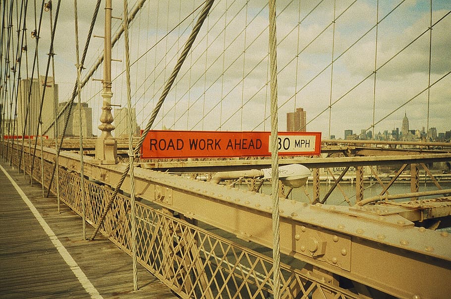 Red and White Signage With Road Work Ahead Text, architecture HD wallpaper