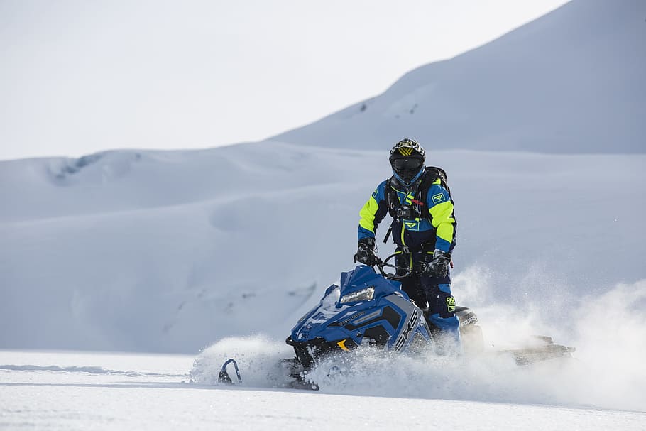 Person Rides on Blue Snowmobile at Daytime, action, action energy, HD wallpaper