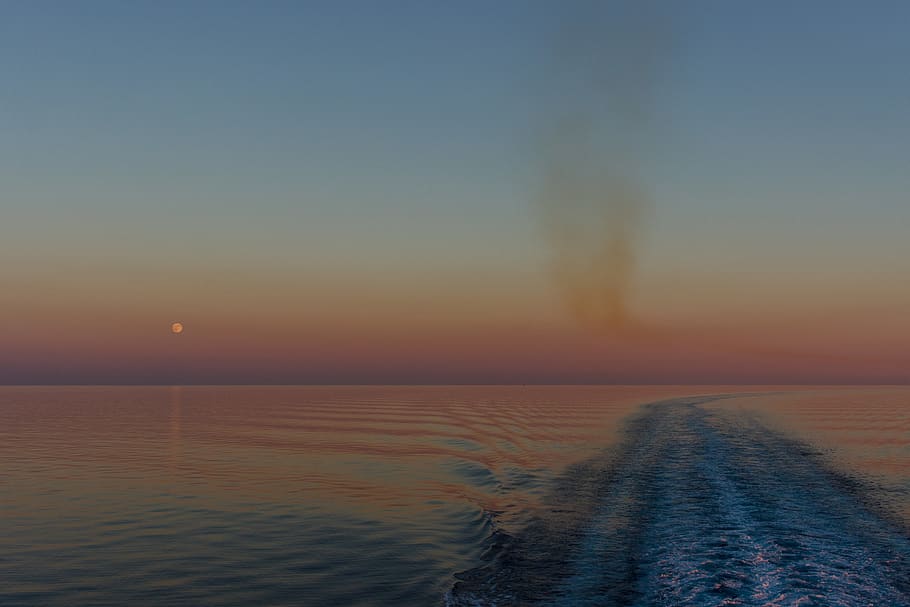 sea, sunset, ferry, sailing, moon, supermoon, twilight, horizon HD wallpaper