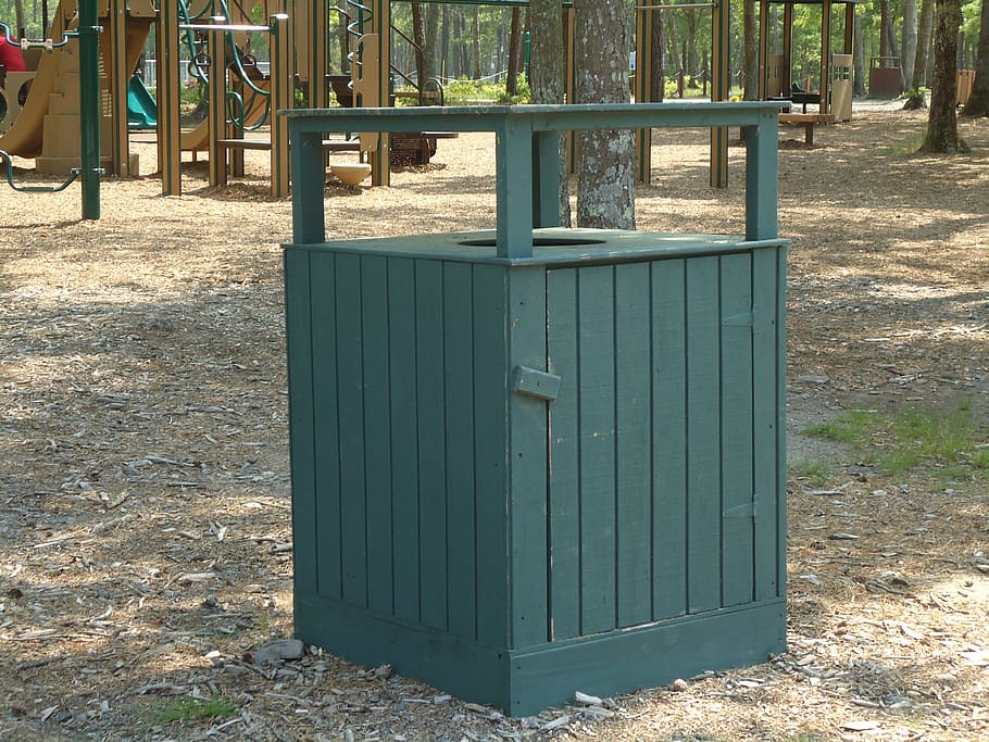 trash, garbage, can, receptacle, outdoor, outside, park, day HD wallpaper