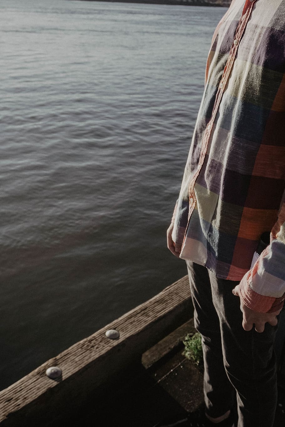 dock, man, flannel, winter, summer, seasons, sunset, water, HD wallpaper