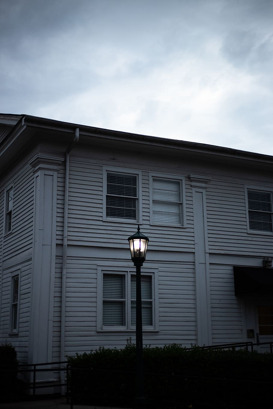 lighted post lamp near white house, home decor, window, curtain
