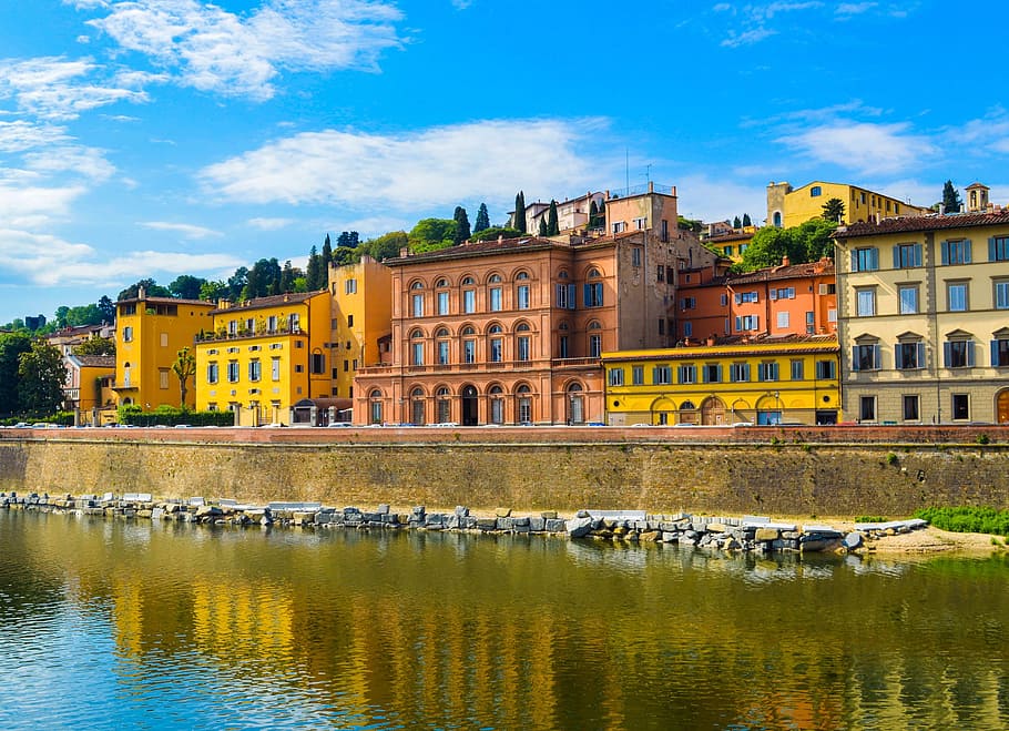 Yellow and Orange Buildings Near River, architecture, canal, clouds HD wallpaper