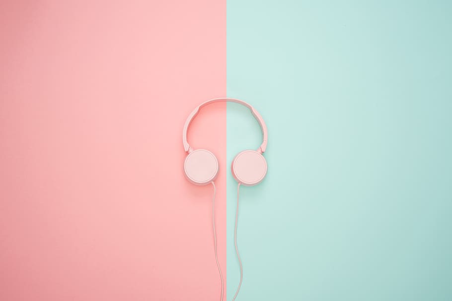 Pink Corded Headphones on pink and teal Wall, art, background