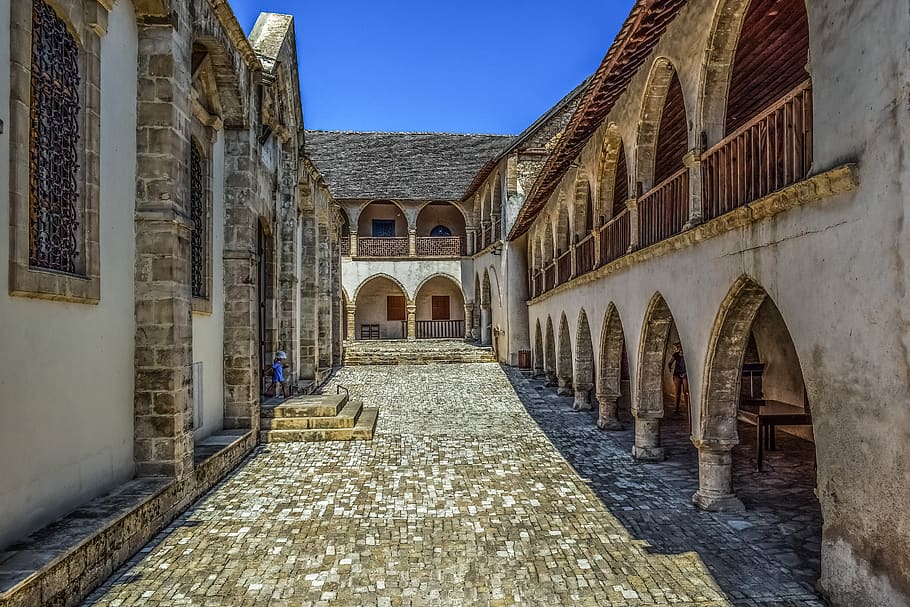monastery, arcade, stoa, architecture, church, stone, columns HD wallpaper