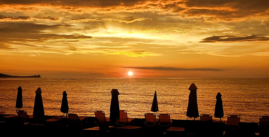 sunset, clouds, beach, lesbos, sky, mood, evening, evening sky HD wallpaper