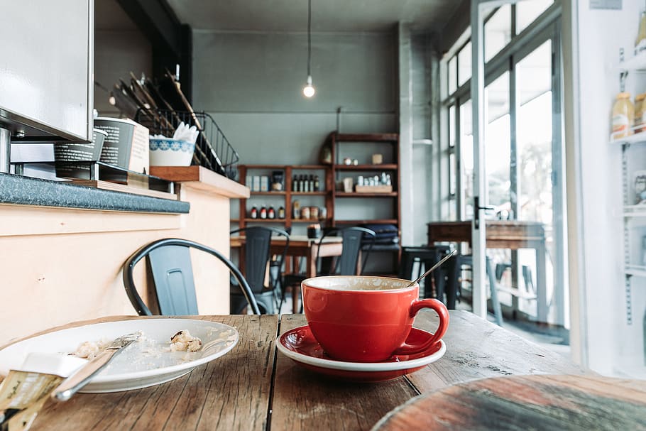 red ceramic teacup, table, food and drink, indoors, mug, domestic room HD wallpaper