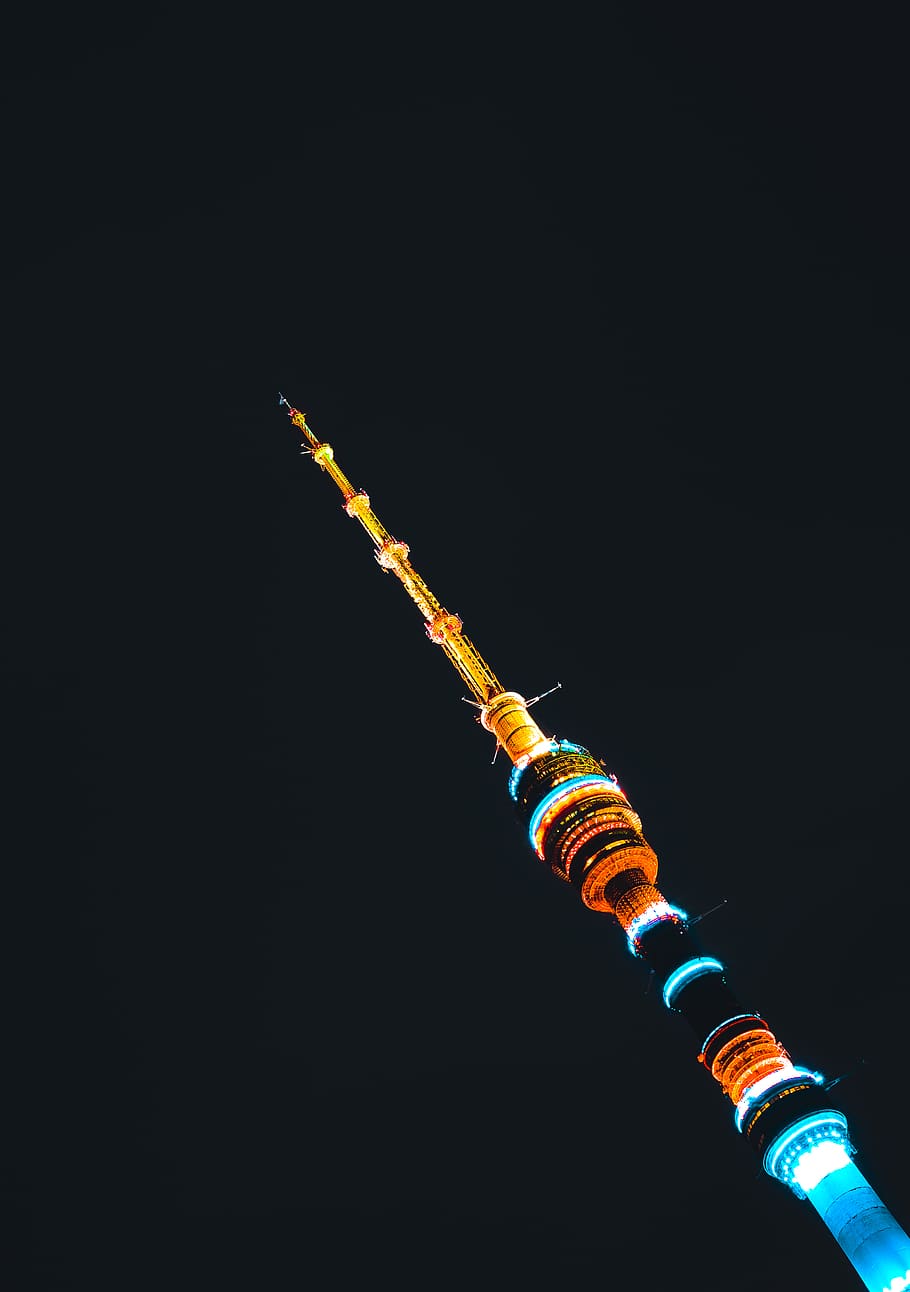 tower, city, sky, night, neon, tons, black background, copy space HD wallpaper