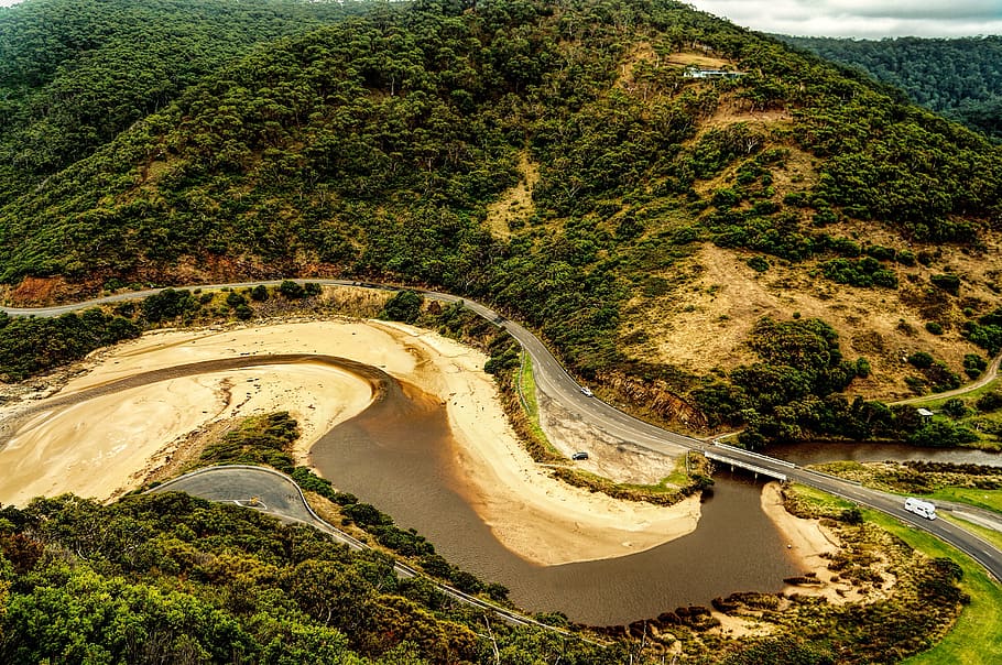 road, river, landscape, nature, forest, plant, tree, high angle view HD wallpaper