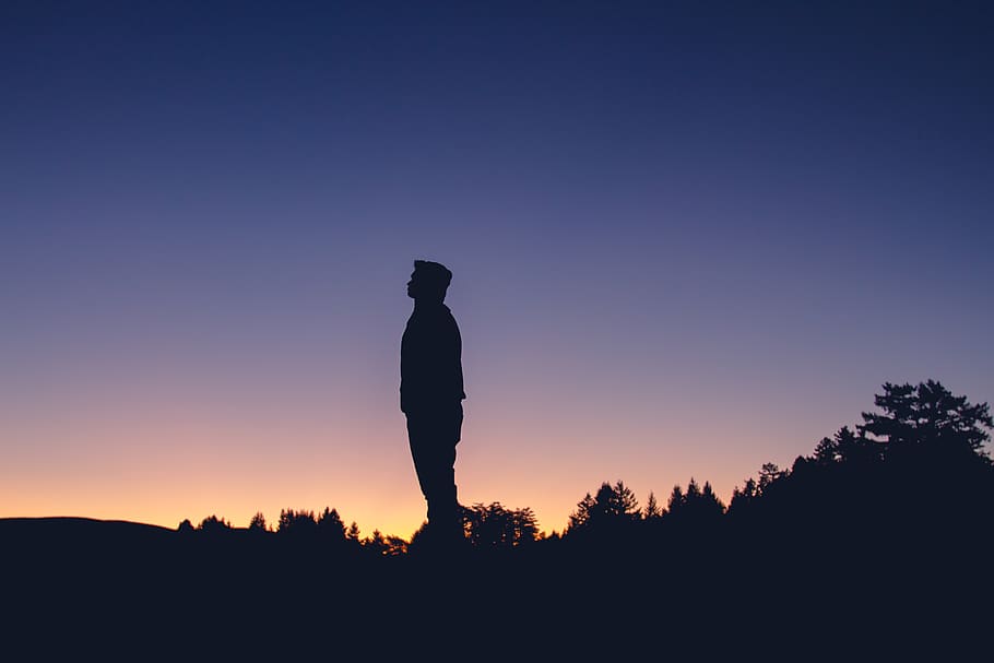 silhouette, sunset, sky, one person, standing, real people HD wallpaper