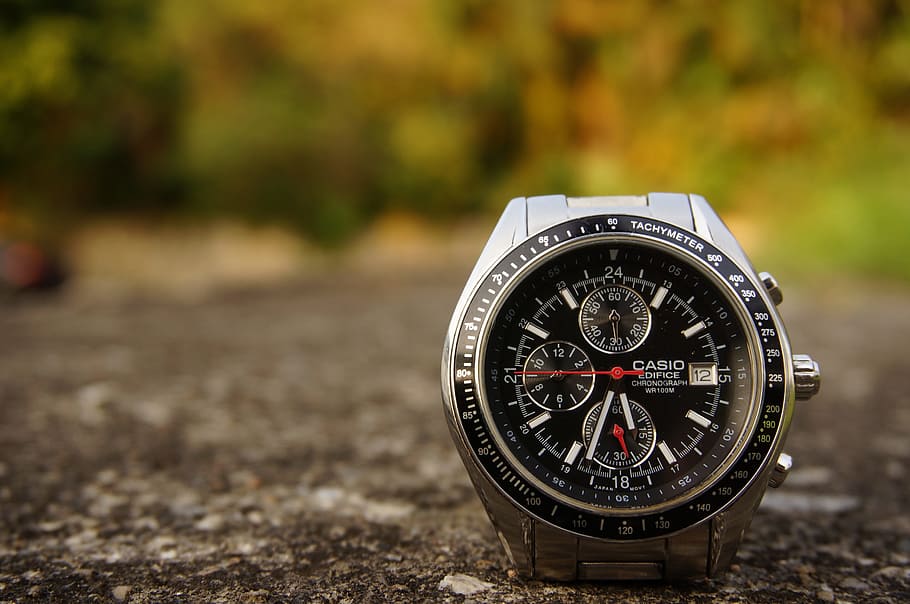 Shallow Focus Photography of Silver-colored Casio Chronograph Watch HD wallpaper