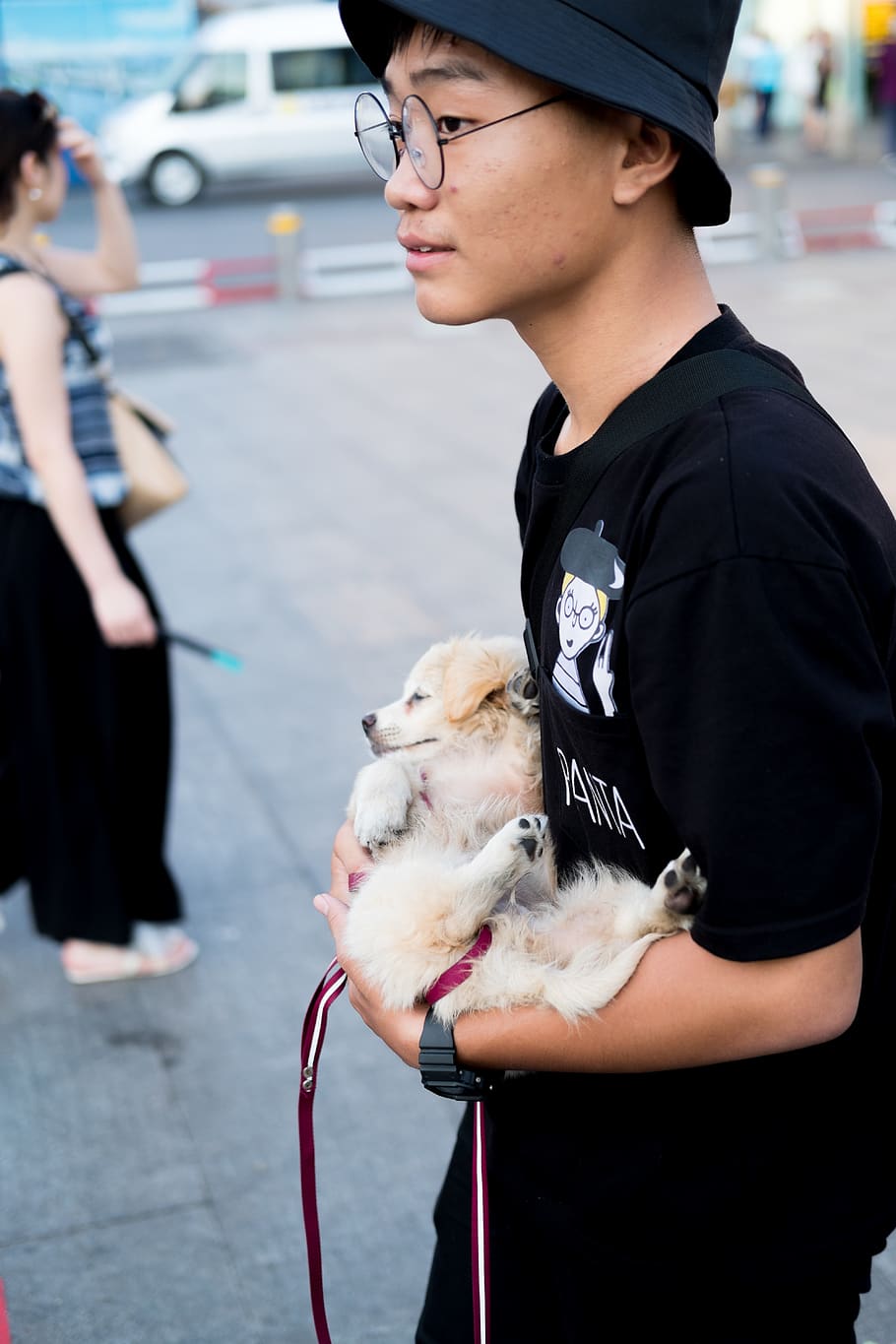 man carrying puppy, human, person, clothing, apparel, strap, footwear HD wallpaper