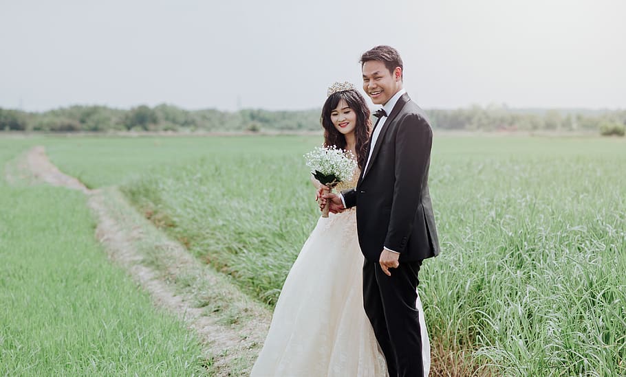Man and Woman Wearing Wedding Dress and Suit in Between of Rice Fields, HD wallpaper