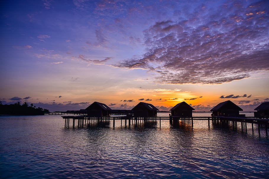 Silhouette of Houses on Sea during Golden Hour, clouds, evening HD wallpaper