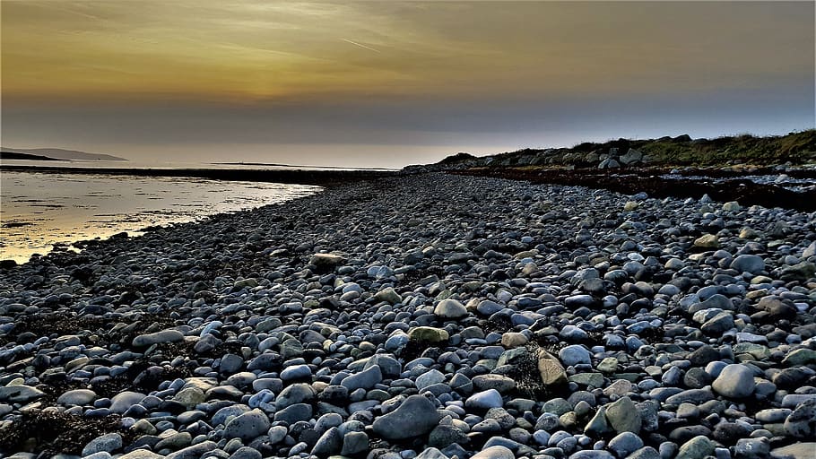 stone coast, ireland, galway, bay, stones, sun, landscape, water, HD wallpaper