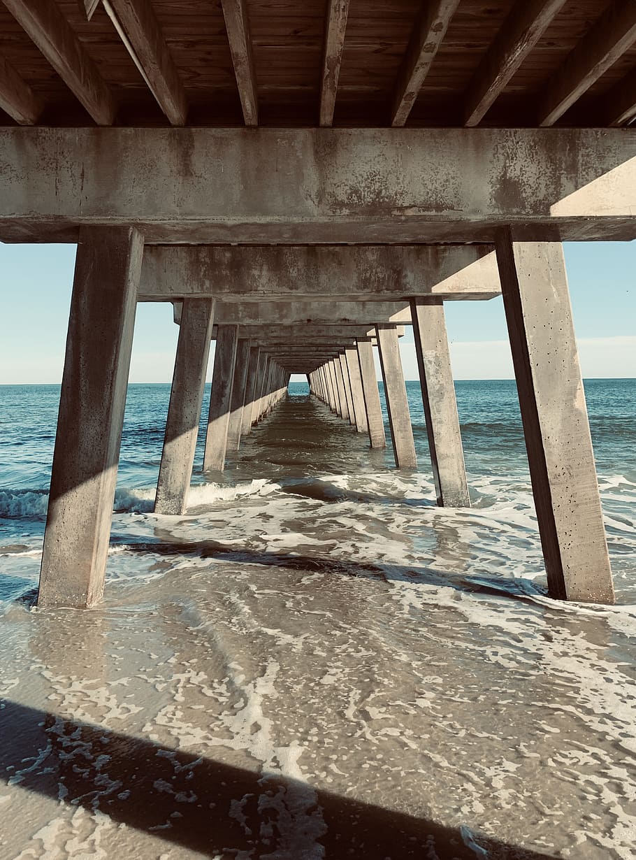 gray concrete bridge on seashore, water, pier, waterfront, port HD wallpaper
