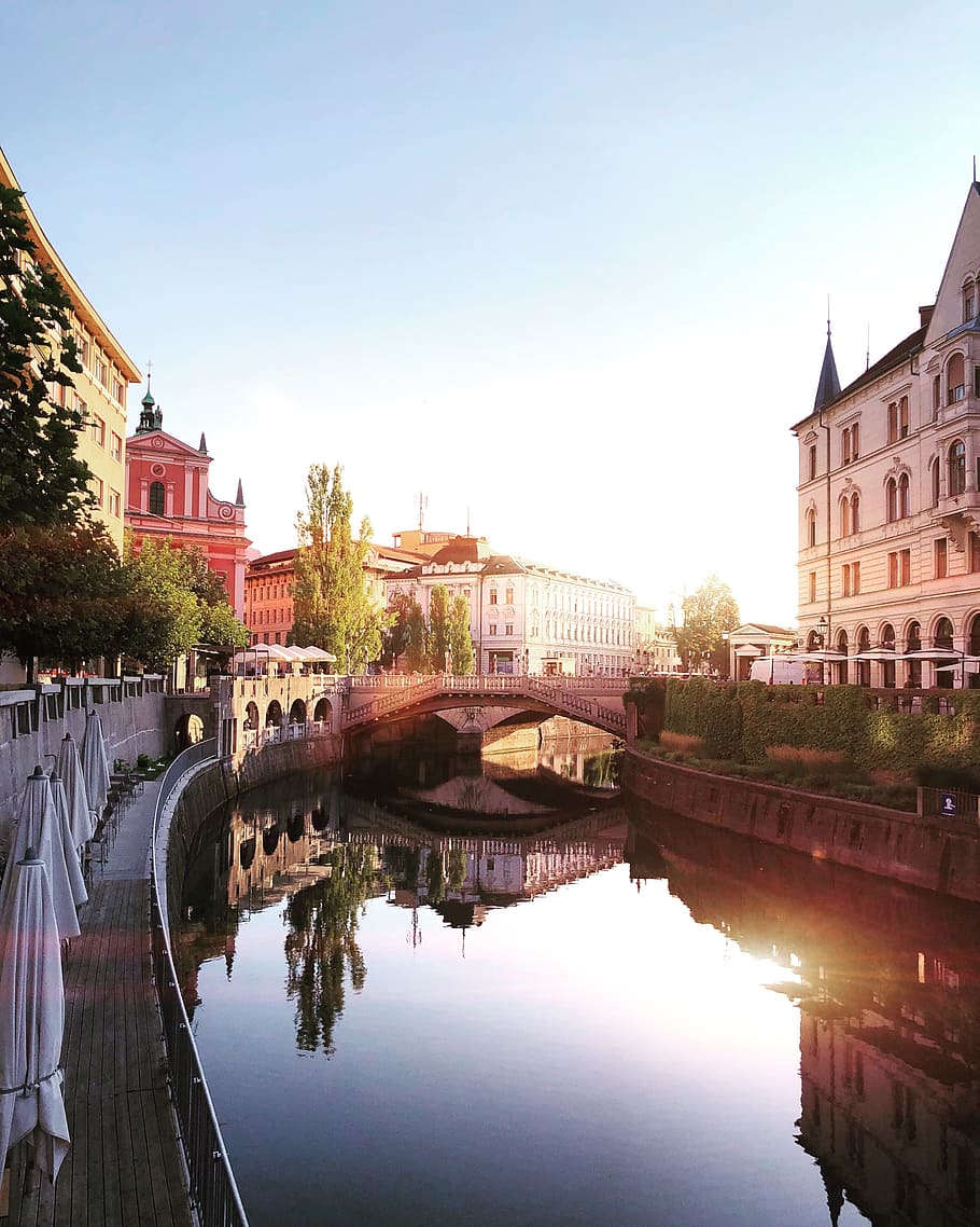 bridge on body of water near buildings, reflection, city, urban HD wallpaper