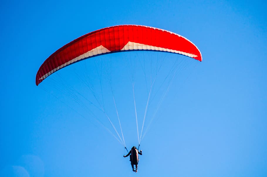 Person Using Red Parachute on Mid Air, action, adventure, fun HD wallpaper