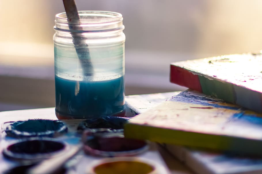 clean, paint, brush, blue, glass, jar, easel, color, studio, HD wallpaper