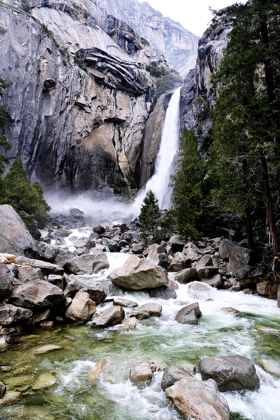 rocks, waterfall, trees, nature, yosemite, solid, rock - object HD wallpaper